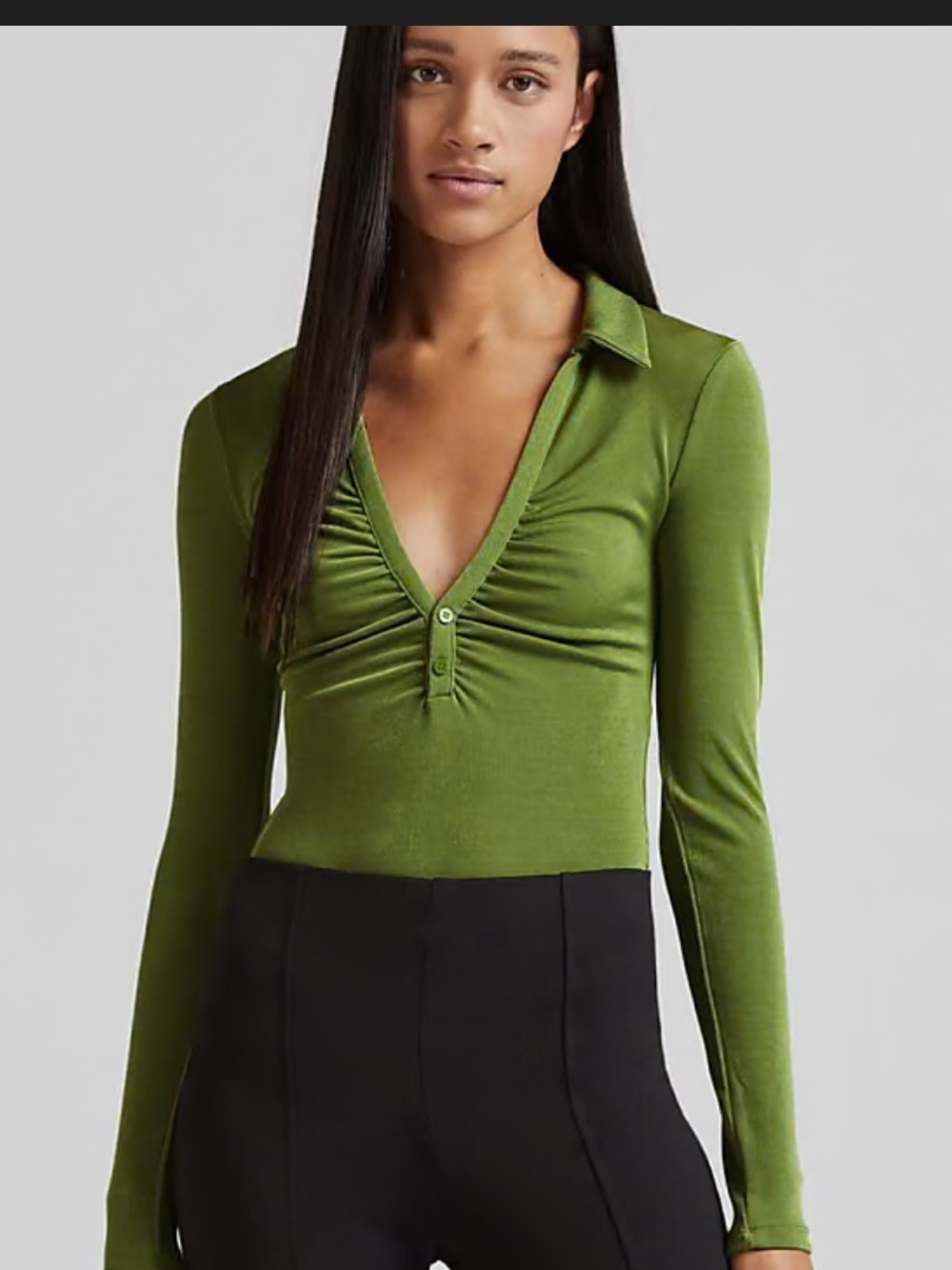 Bershka Olive Green Ruched V-Neck Polo Bodysuit